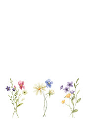 Greeting card template with watercolor flowers, floral border, invitation hand painted.