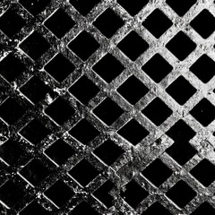 Abstract black and white image of a textured metal grid with a diagonal pattern.