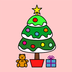 Cute Christmas tree with ornaments, snow, and gifts, perfect for holiday cards, decorations, and festive designs.