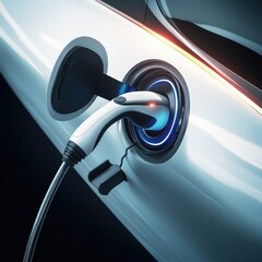 Close-up of a sleek white electric vehicle charging station with a futuristic design, showcasing renewable energy technology.