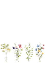 Greeting card template with watercolor flowers, floral border, invitation hand painted.