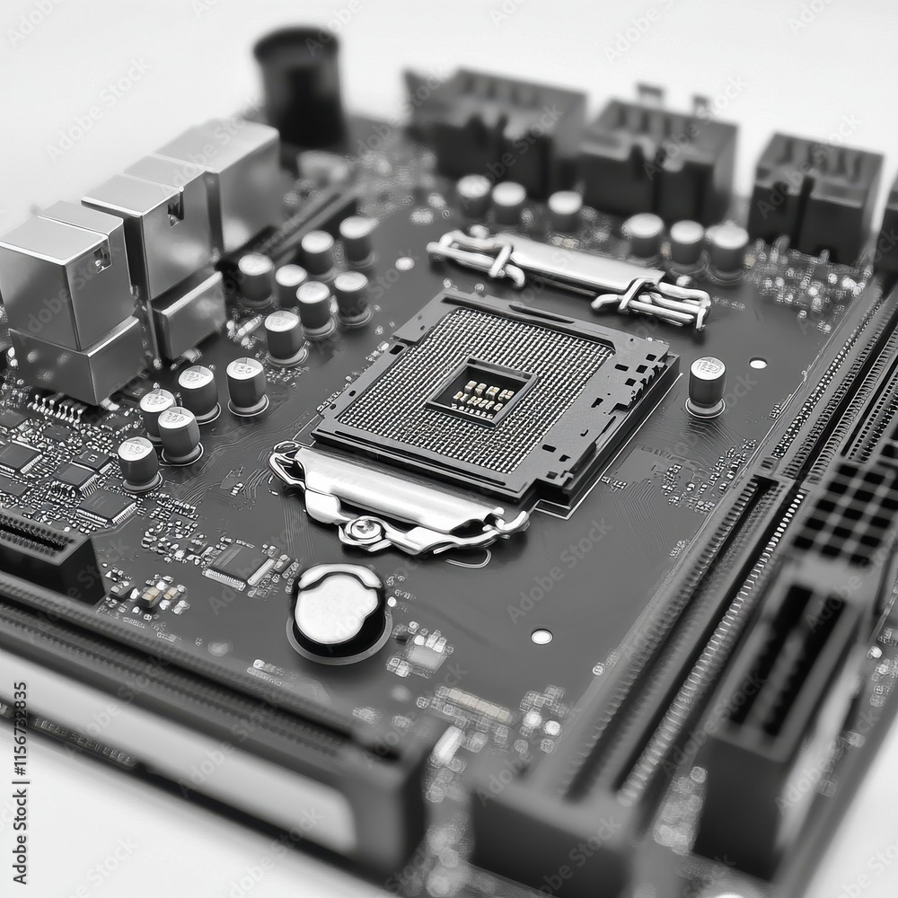 Poster Close-up of a computer motherboard showcasing intricate circuitry and a central processor socket.