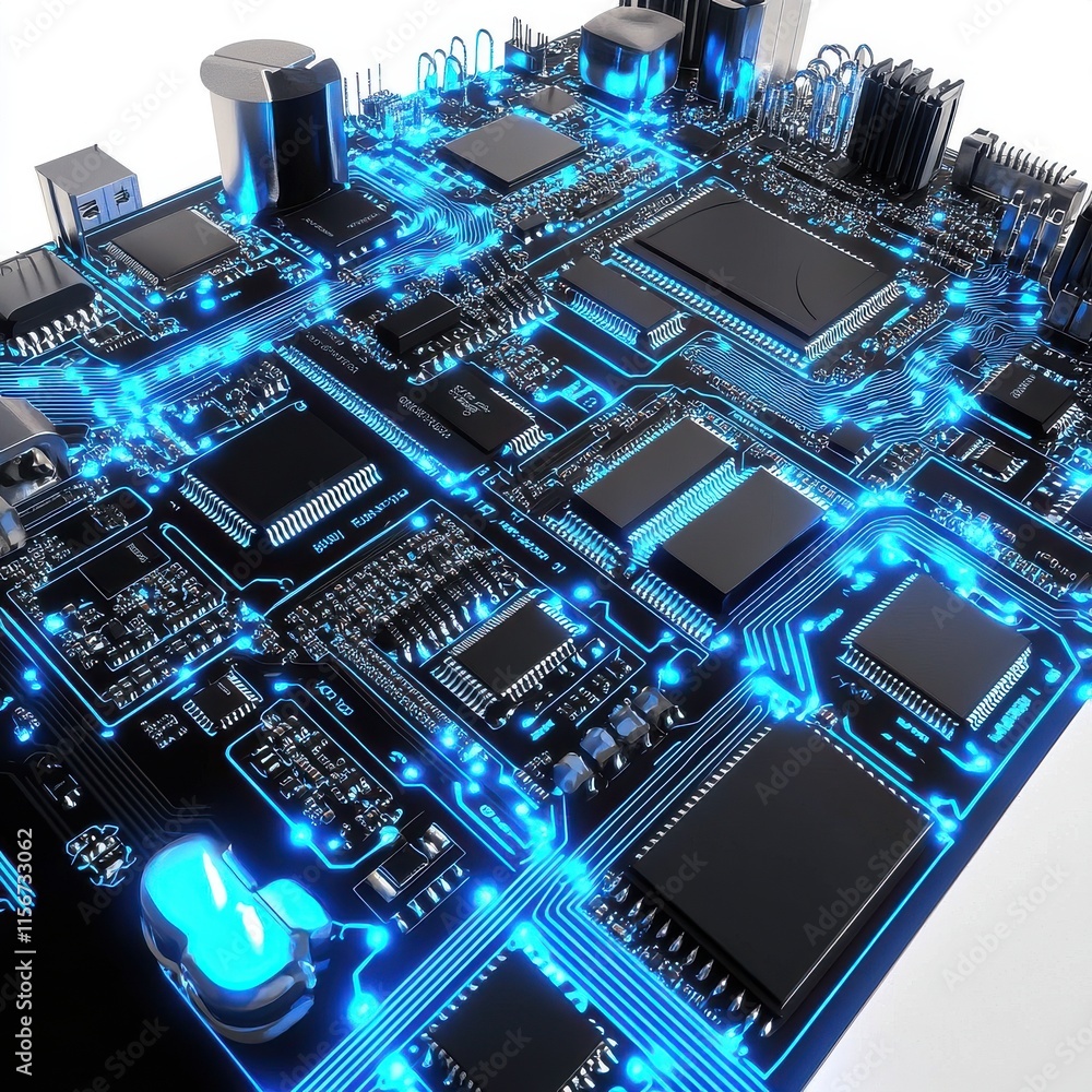 Poster a detailed close-up of a futuristic circuit board with glowing blue circuitry and intricate componen