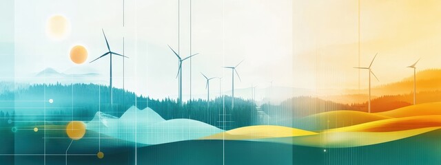 Abstract landscape illustration featuring wind turbines in a natural setting with soft colors, representing renewable energy and sustainable development.