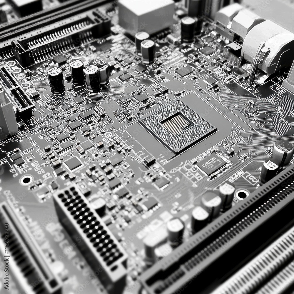 Poster close-up of an electronic circuit board showcasing intricate components and connections.
