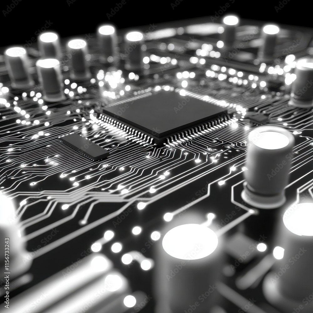 Poster an intricate close-up of a circuit board showcasing a detailed arrangement of components and glowing