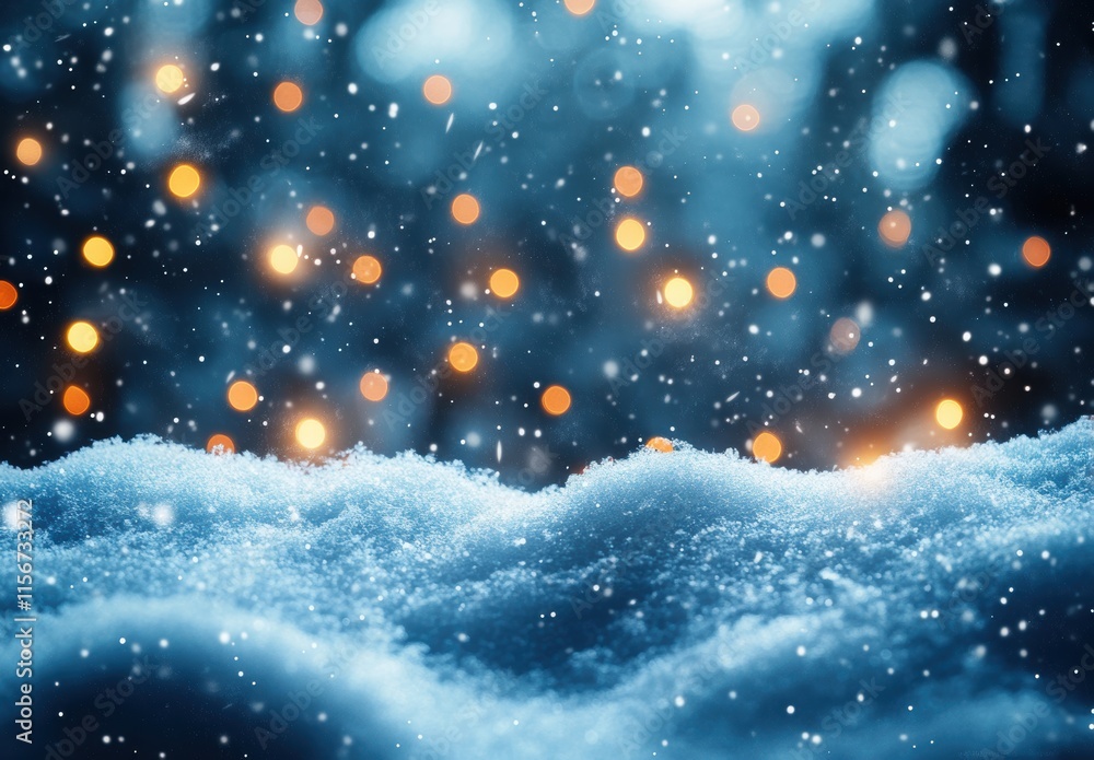 Poster beautiful snowy landscape with soft snow cover and glowing bokeh lights in the background creating a