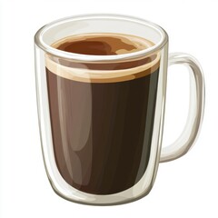 A clear glass mug filled with rich, dark coffee, showcasing its deep brown hue and frothy crema.