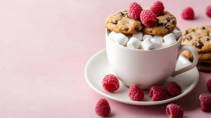 A Cozy Cup of Hot Cocoa Topped with Cookies and Raspberries