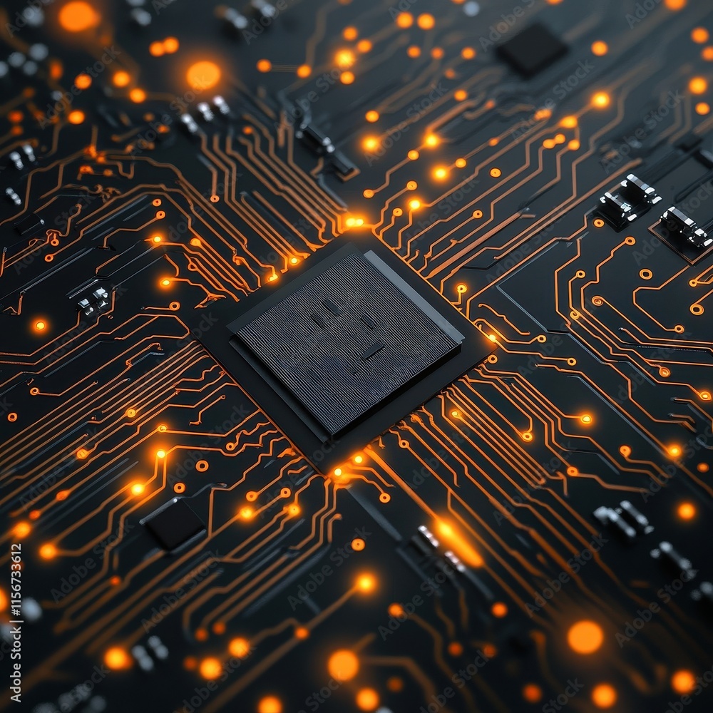Poster close-up of a computer circuit board showcasing intricate circuitry with glowing orange lights.