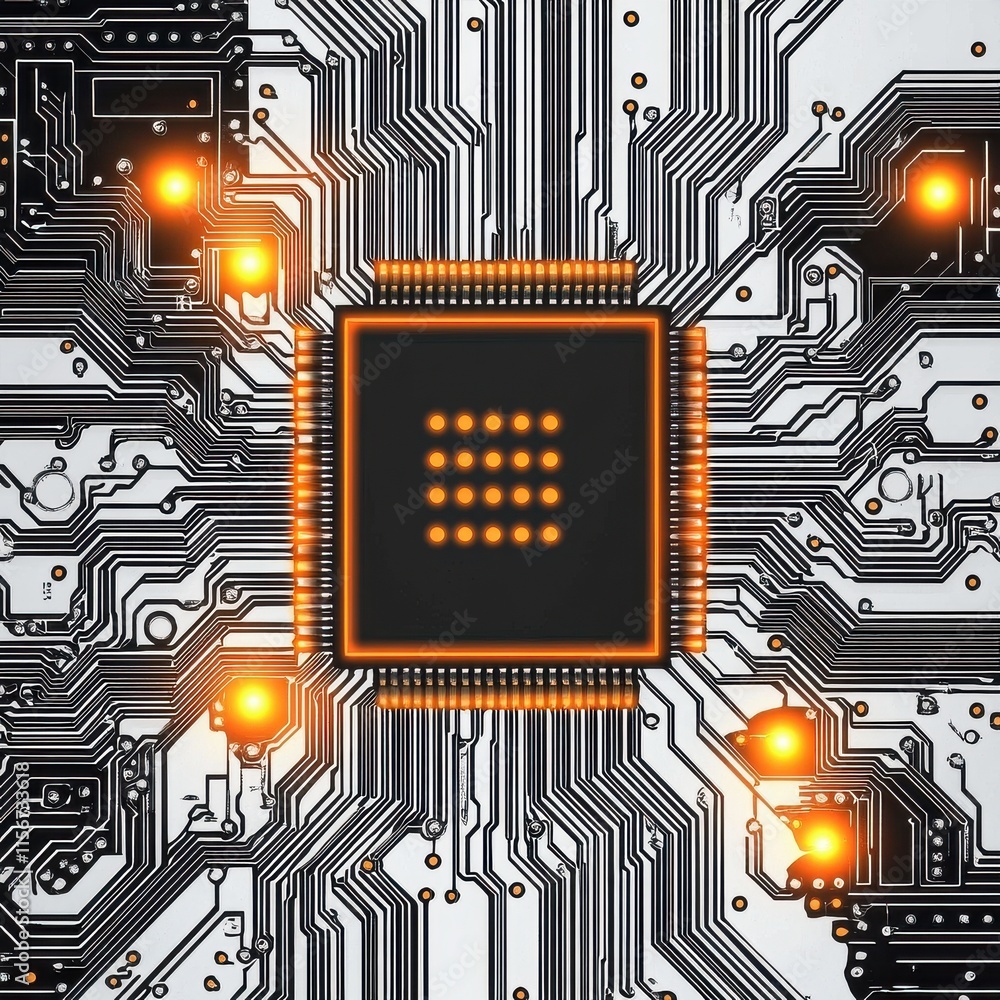 Poster close-up of a microprocessor on a circuit board, showcasing intricate patterns and glowing component