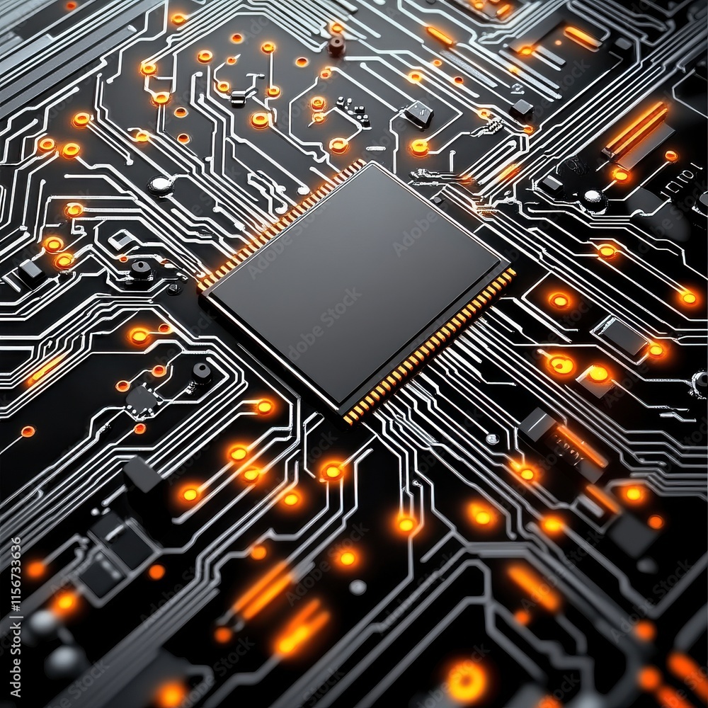 Poster close-up view of a black circuit board with glowing orange lights, featuring a central microchip.