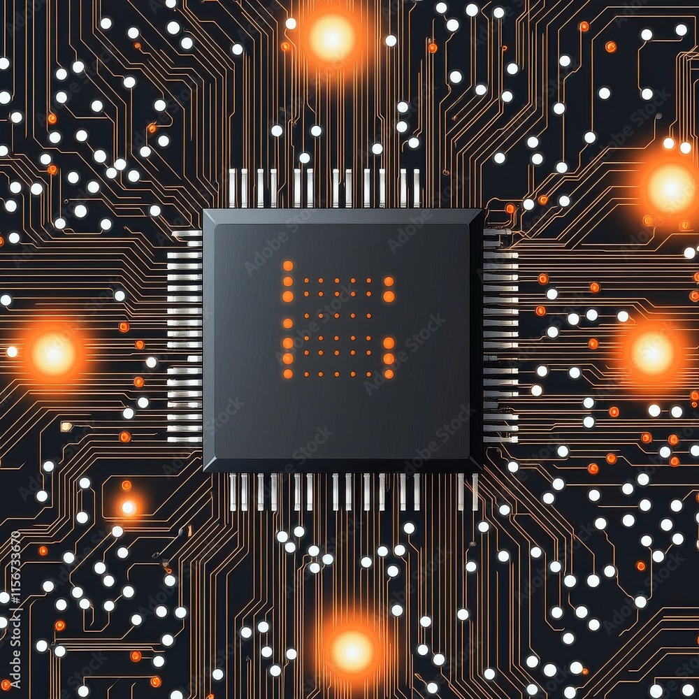 Poster close-up of a microprocessor on a vibrant circuit board with glowing elements, representing technolo