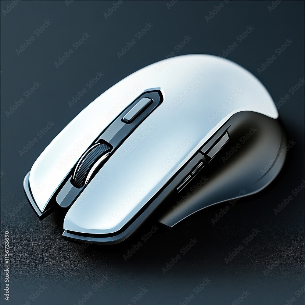 Poster a sleek modern computer mouse in a minimalist design, showcasing its smooth curves and ergonomic fea