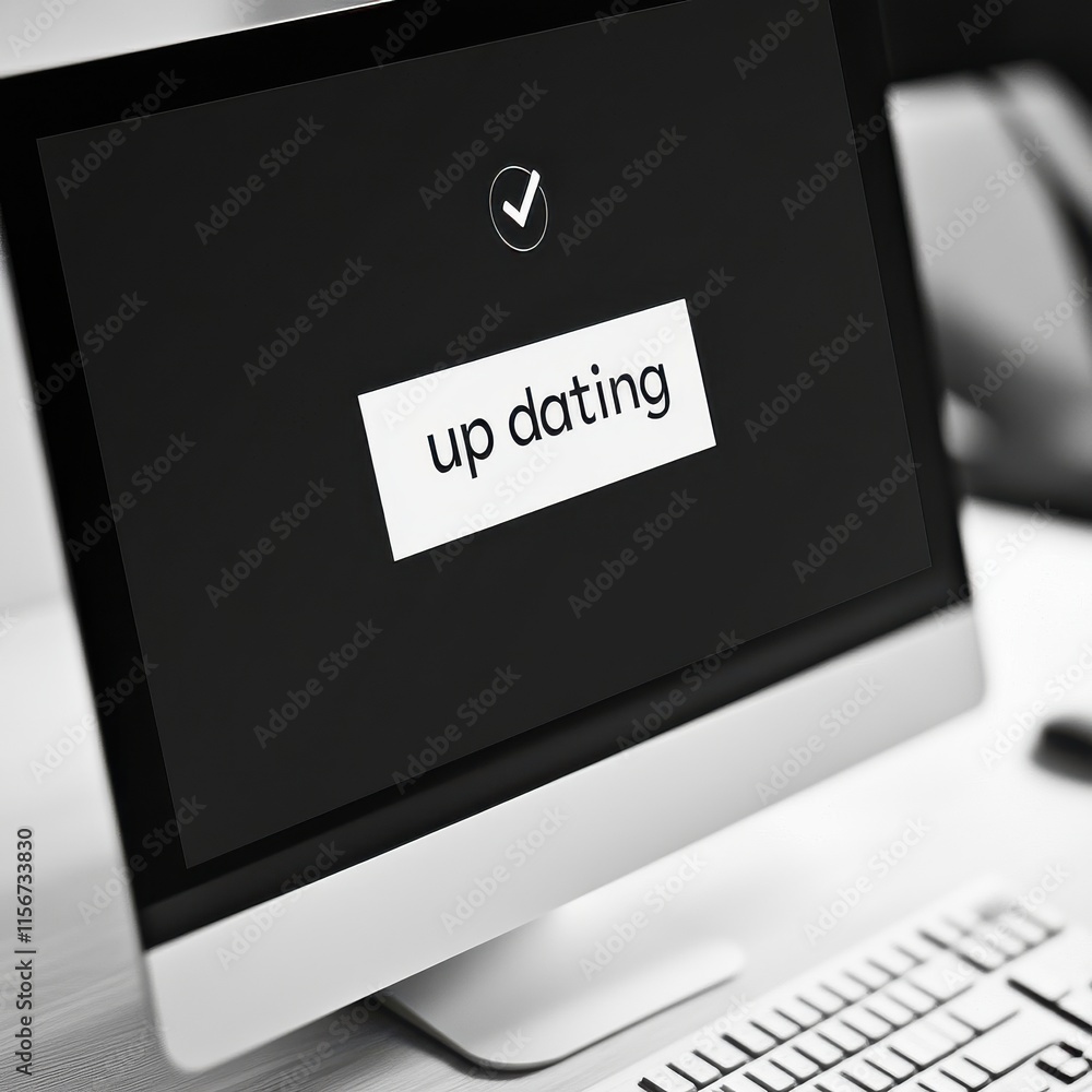 Poster close-up of a computer screen displaying an 'updating' message with a checkmark, symbolizing progres