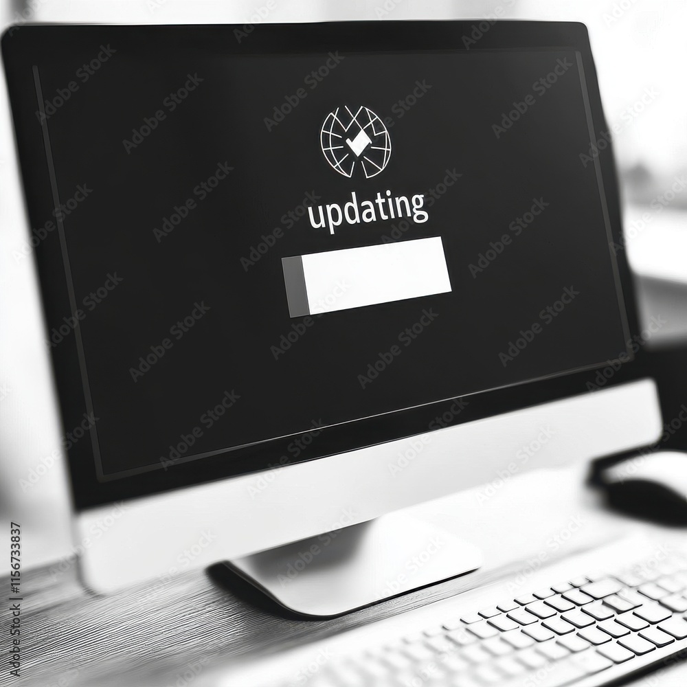 Poster a computer monitor displaying an updating screen, symbolizing technology and progress.