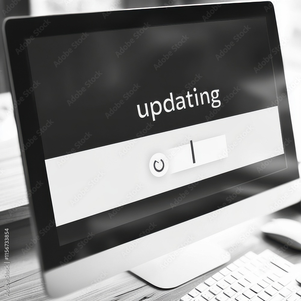Poster close-up of a computer screen displaying an updating progress bar in a sleek workspace setting.