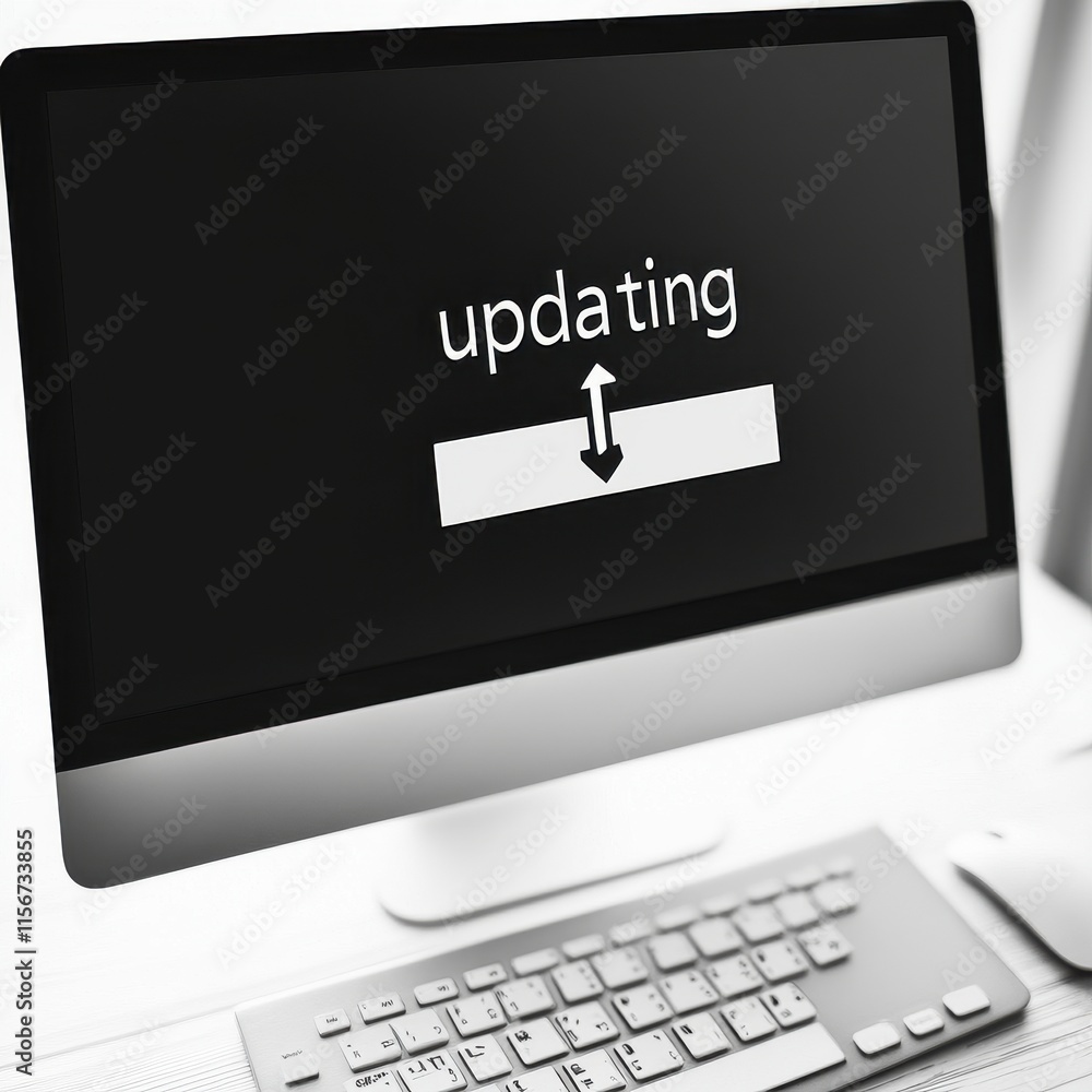 Poster a sleek computer screen displaying an 'updating' message, highlighting technology in a modern worksp
