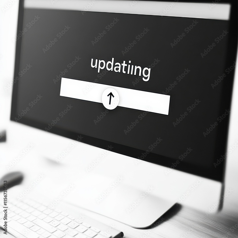 Poster a close-up of a computer screen displaying an 'updating' progress message, conveying anticipation an