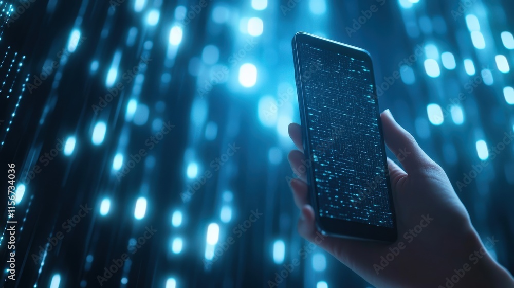 Poster a hand holding a smartphone displaying digital data against a background of glowing blue lights in a