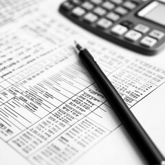 A close-up view of financial documents with a calculator and pen, illustrating the concept of accounting and budgeting.