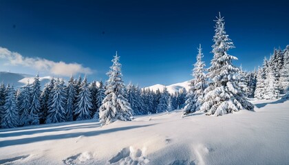 Majestic white spruces glowing by sunlight. Picturesque and gorgeous wintry scene. Location place Carpathian national park, Ukraine, Europe. Alps ski resort. Blue toning. Happy New Year! Beauty world.