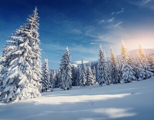 Majestic white spruces glowing by sunlight. Picturesque and gorgeous wintry scene. Location place Carpathian national park, Ukraine, Europe. Alps ski resort. Blue toning. Happy New Year! Beauty world.