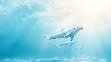 Naklejka premium Majestic whales swimming in watercolor animal style underwater scene tranquil ocean environment