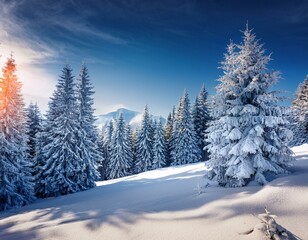 Majestic white spruces glowing by sunlight. Picturesque and gorgeous wintry scene. Location place Carpathian national park, Ukraine, Europe. Alps ski resort. Blue toning. Happy New Year! Beauty world.