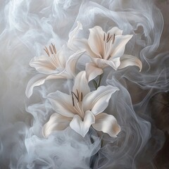 Beautiful white lilies surrounded by soft ethereal smoke create a serene atmosphere in a tranquil setting
