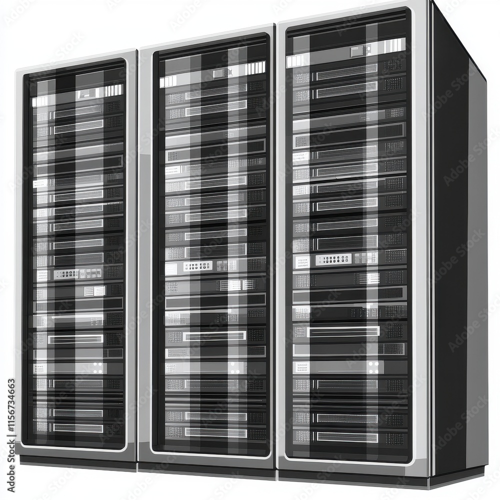 Poster sleek modern server racks displaying intricate tech components in a professional data center environ