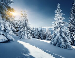 Fototapeta premium Majestic white spruces glowing by sunlight. Picturesque and gorgeous wintry scene. Location place Carpathian national park, Ukraine, Europe. Alps ski resort. Blue toning. Happy New Year! Beauty world.