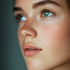 Naklejka premium Close-up Portrait of a Young Woman with Freckles and Natural Makeup, Capturing Emotion and Beauty in Soft Natural Lighting, with Focus on Features and Expressions