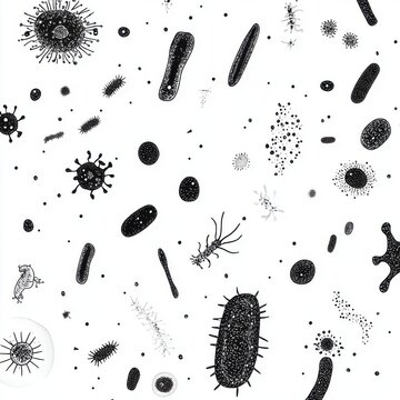 A diverse array of hand-drawn black and white microorganisms on a white background, showcasing intricate details.