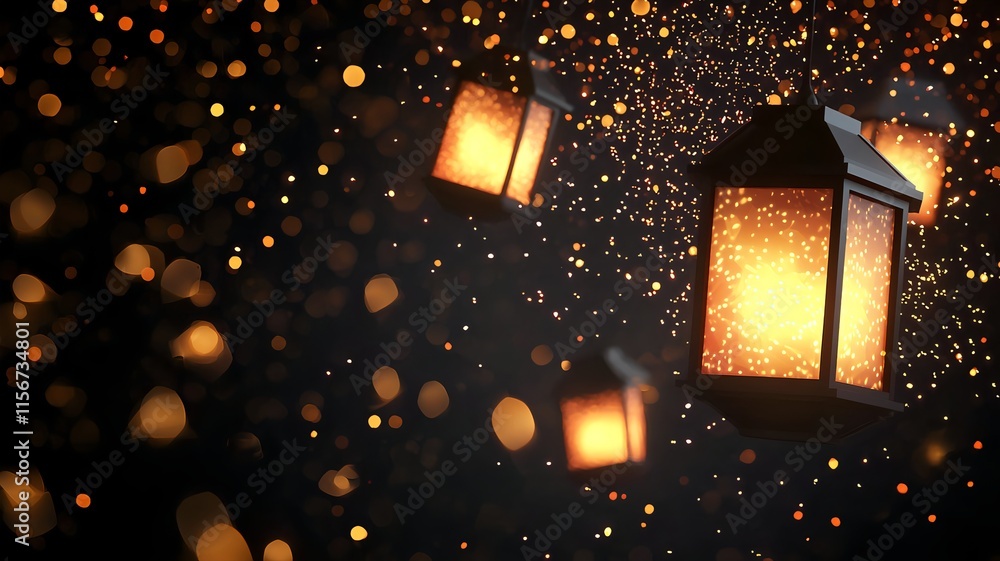 Poster mesmerizing 3d of a scene featuring glowing lanterns and vibrant fireworks display with a clean seam