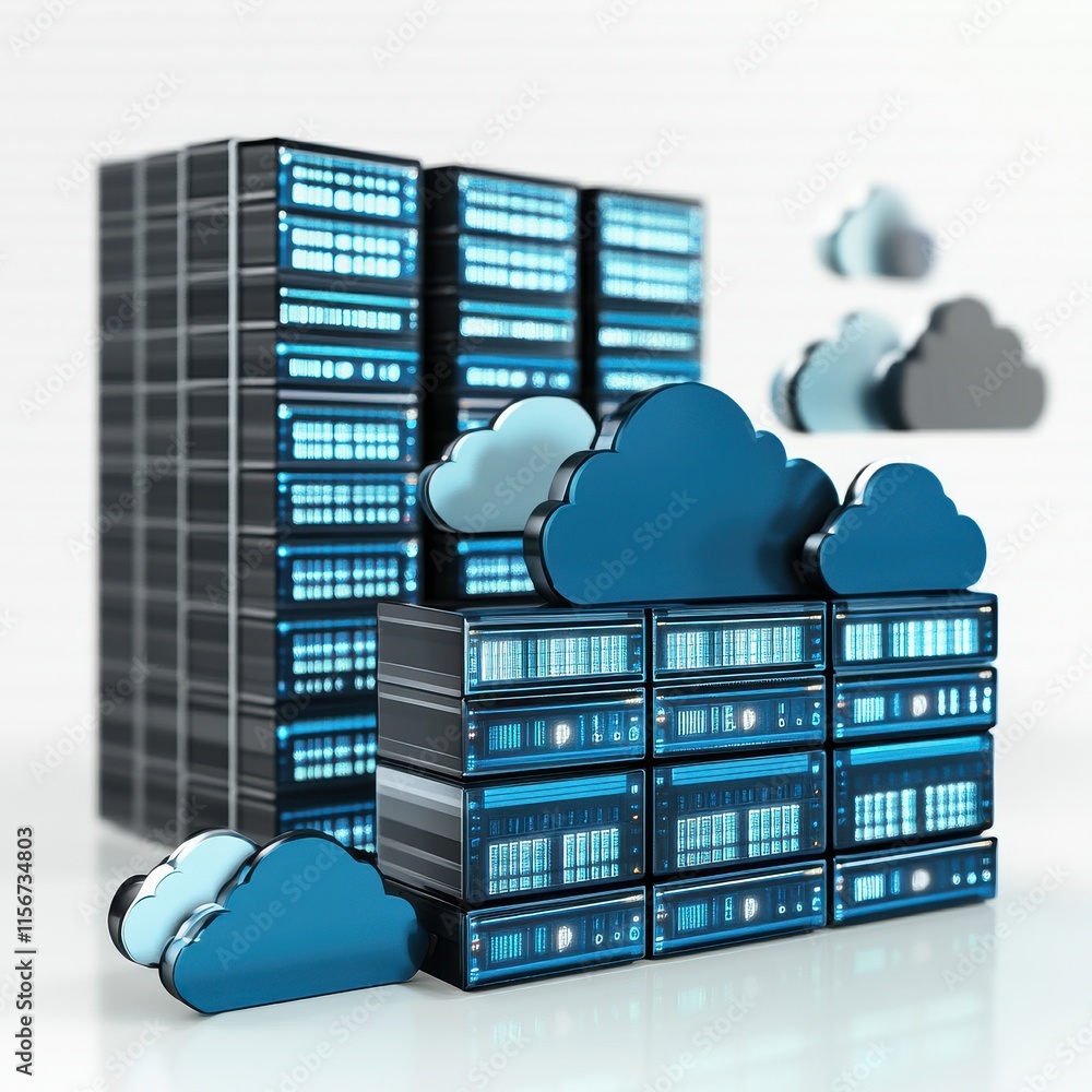 Poster stylized data center with blue cloud icons, representing cloud computing and digital storage technol
