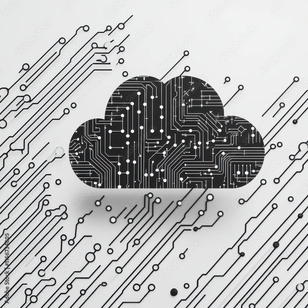 Poster stylized black cloud with digital circuit patterns, symbolizing technology and connectivity.