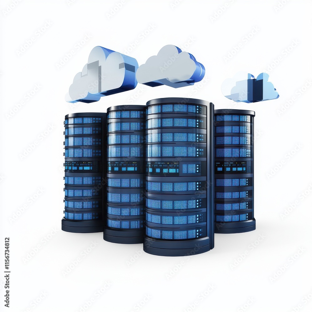 Poster three high-tech data storage servers with digital cloud icons above, symbolizing cloud computing tec