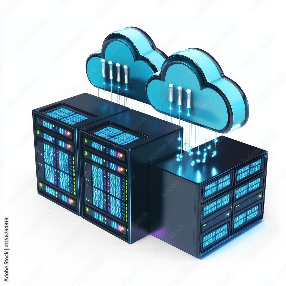 Poster digital illustration of two servers connected to two cloud icons, symbolizing cloud computing and da