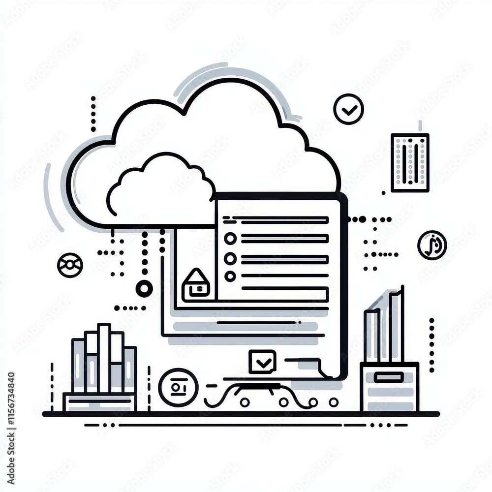 Poster illustration of cloud computing with digital elements and buildings, representing technology and inn