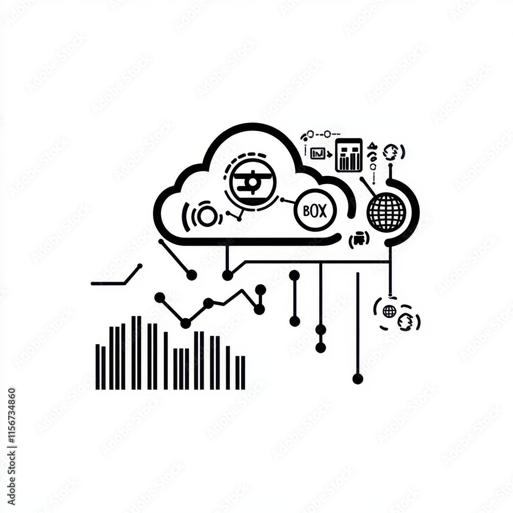 Poster stylized black and white illustration of cloud computing with data metrics and icons representing te