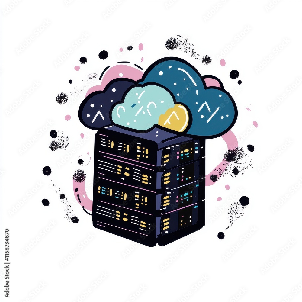 Poster illustration of a data server surrounded by colorful clouds, symbolizing cloud computing.