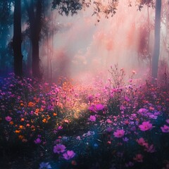 Enchanted forest glowing with colorful flowers and mist during early morning hours