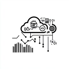 Stylized black and white illustration of cloud computing with data metrics and icons representing technology.