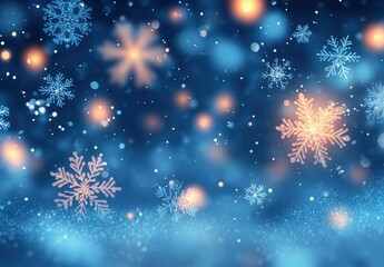 Beautiful Winter Background with Snowflakes and Soft Bokeh Lights for Holiday Celebrations and Festive Themes in Blue and Orange Tones