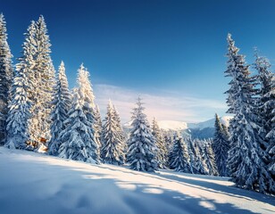 Obraz premium Majestic white spruces glowing by sunlight. Picturesque and gorgeous wintry scene. Location place Carpathian national park, Ukraine, Europe. Alps ski resort. Blue toning. Happy New Year! Beauty world.