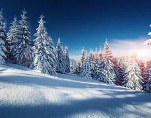 Fototapeta premium Majestic white spruces glowing by sunlight. Picturesque and gorgeous wintry scene. Location place Carpathian national park, Ukraine, Europe. Alps ski resort. Blue toning. Happy New Year! Beauty world.