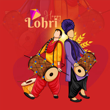 Happy Lohri punjabi indian festival celebration background with people playing lohri dance. Vector illustration.