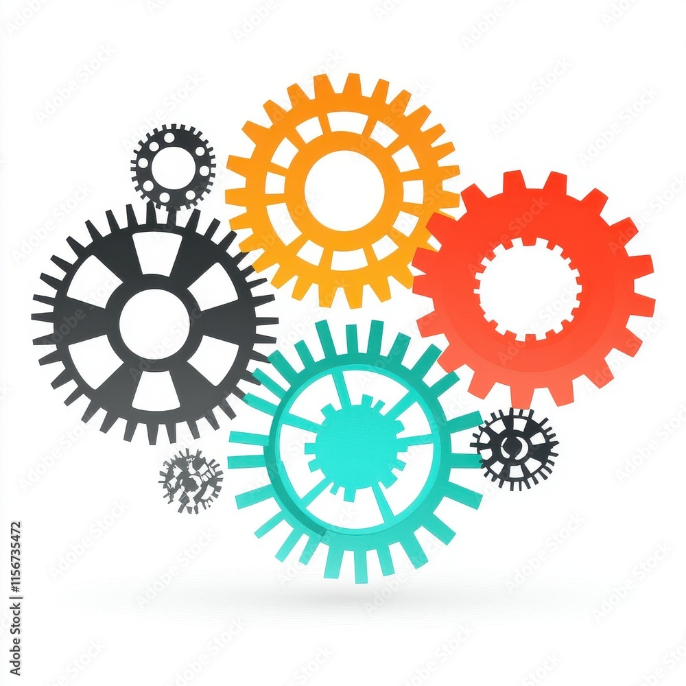 Poster colorful gears in various sizes representing teamwork and mechanical innovation.