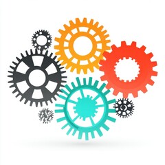 Colorful gears in various sizes representing teamwork and mechanical innovation.